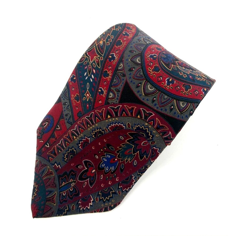 Vintage Ted Lapidus Silk Tie Mens Red Navy Blue Paisley Geo Medallion Made USA